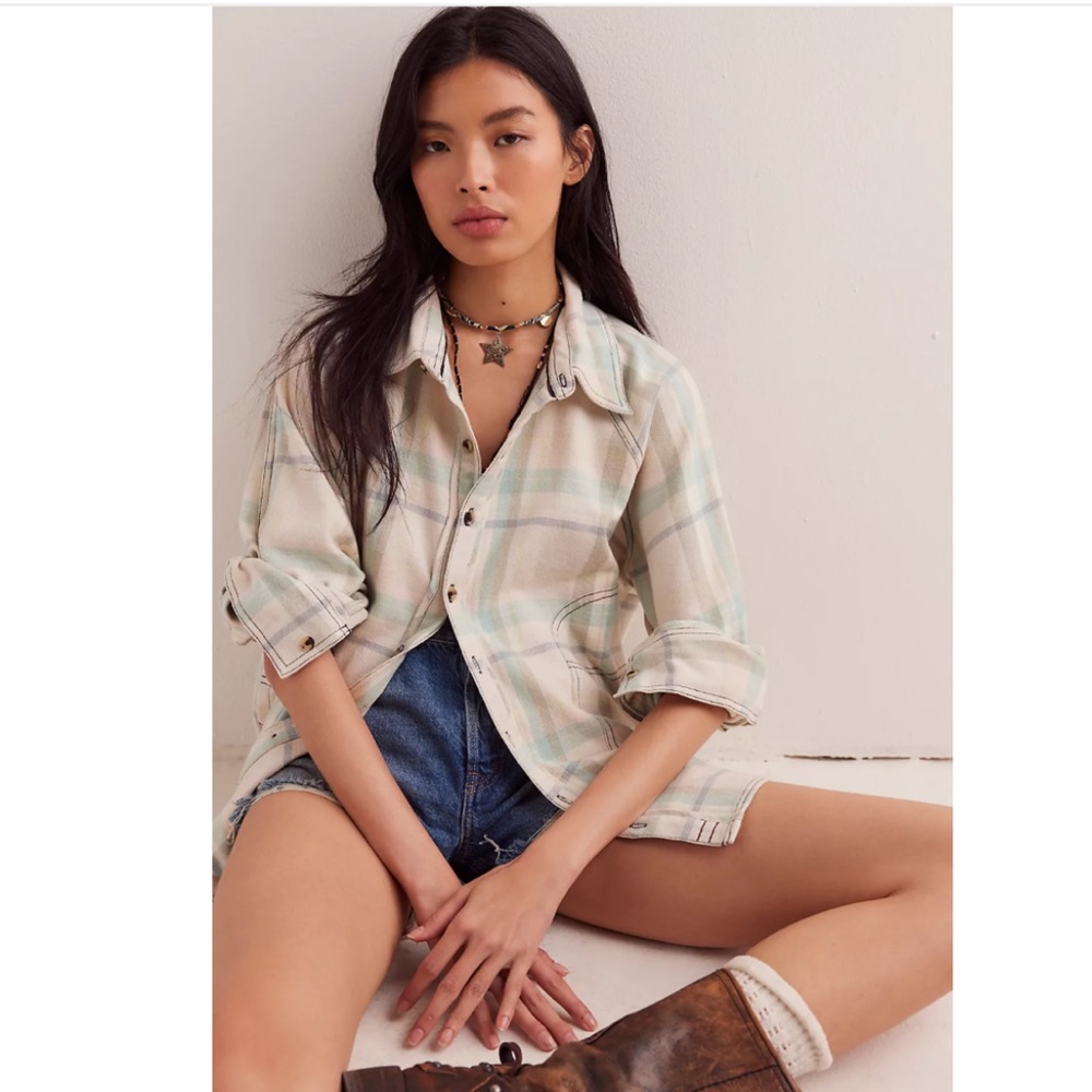 Free People NWT We the Free Girl Meets Boy Plaid Shirt Tea Combo pastel M